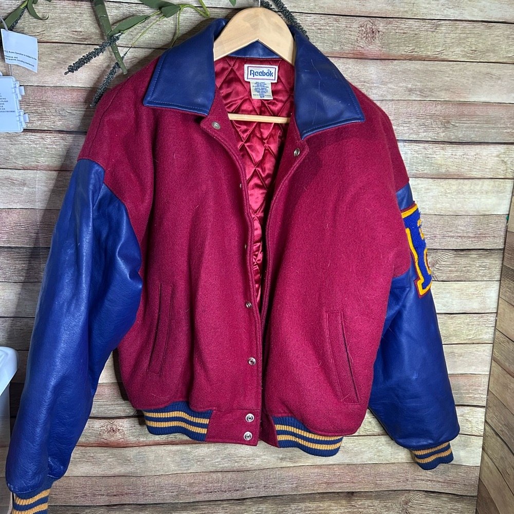 VINTAGE Reebok 80’s Blue/Red Wool/Leather VARSITY BOMBER JACKET Letterman Size S